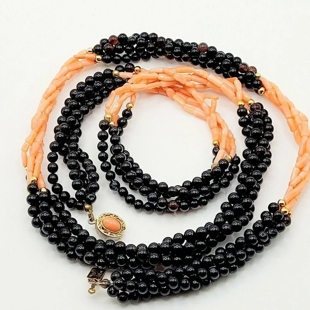 Vintage Black Agate & Angelskin Coral Multi-strand Necklace 28